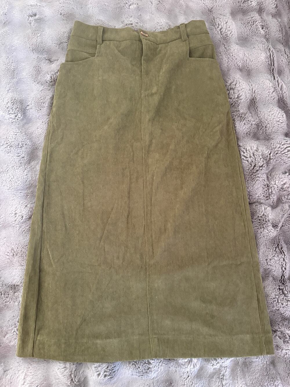 Herbatomia Olive Green Corduroy Midi Skirt Size L NWT
